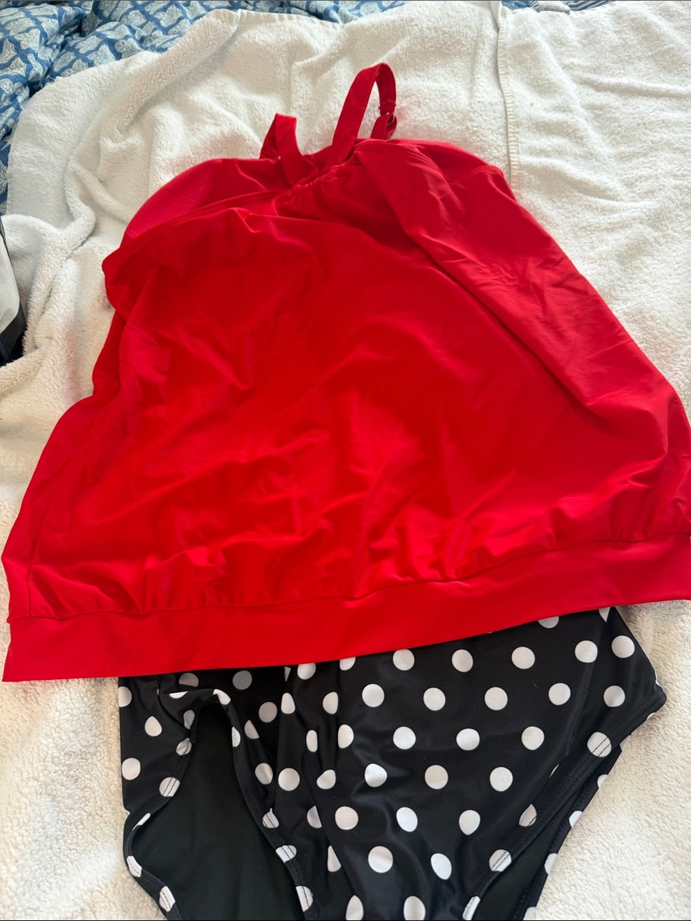 Women’s Red Tankini Swim Top & Polka Dot Bottoms - Brand Unknown